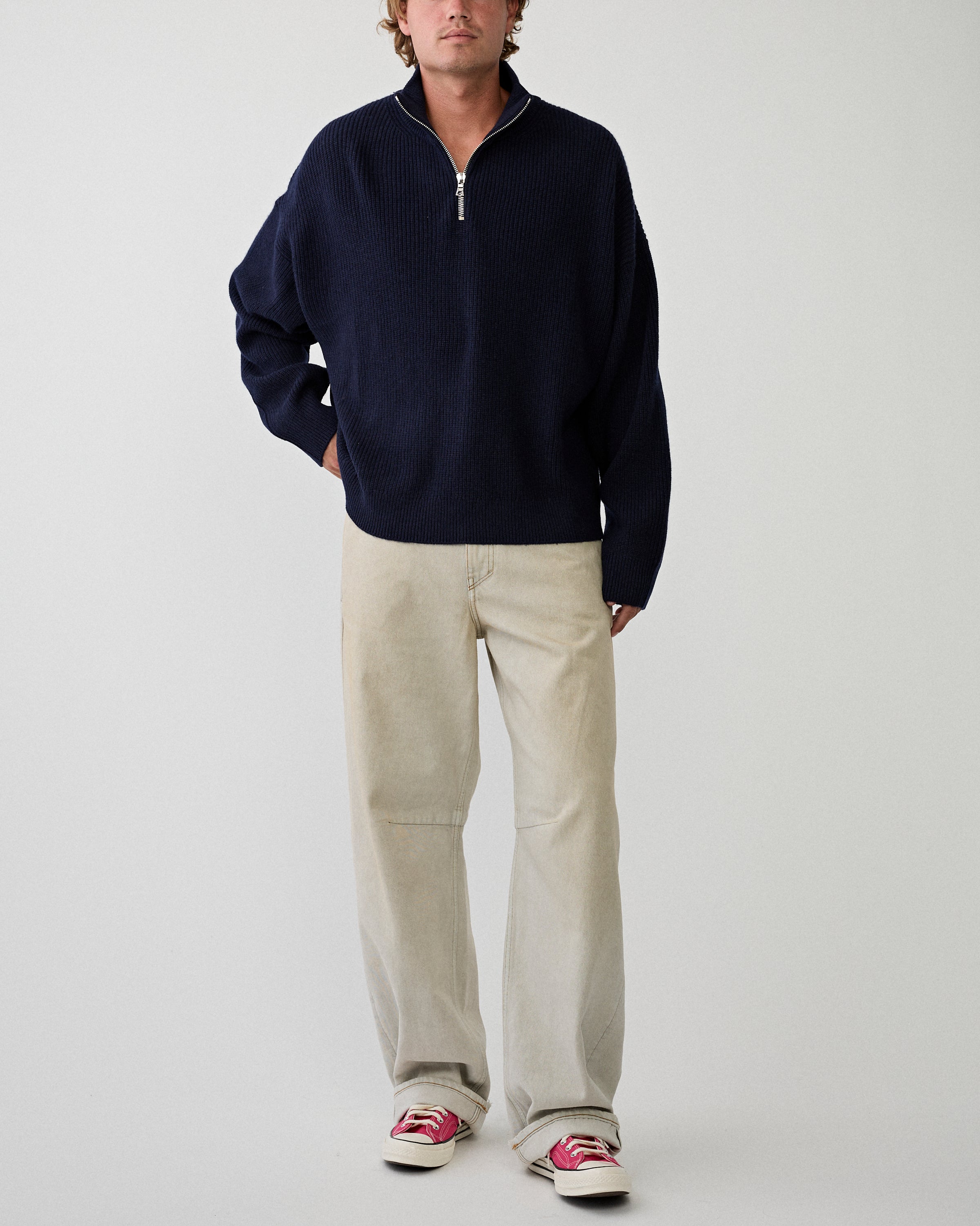 Yacaia Y-0015 Half Zip Merino/Cashmere Sweater Navy Knitwear Men