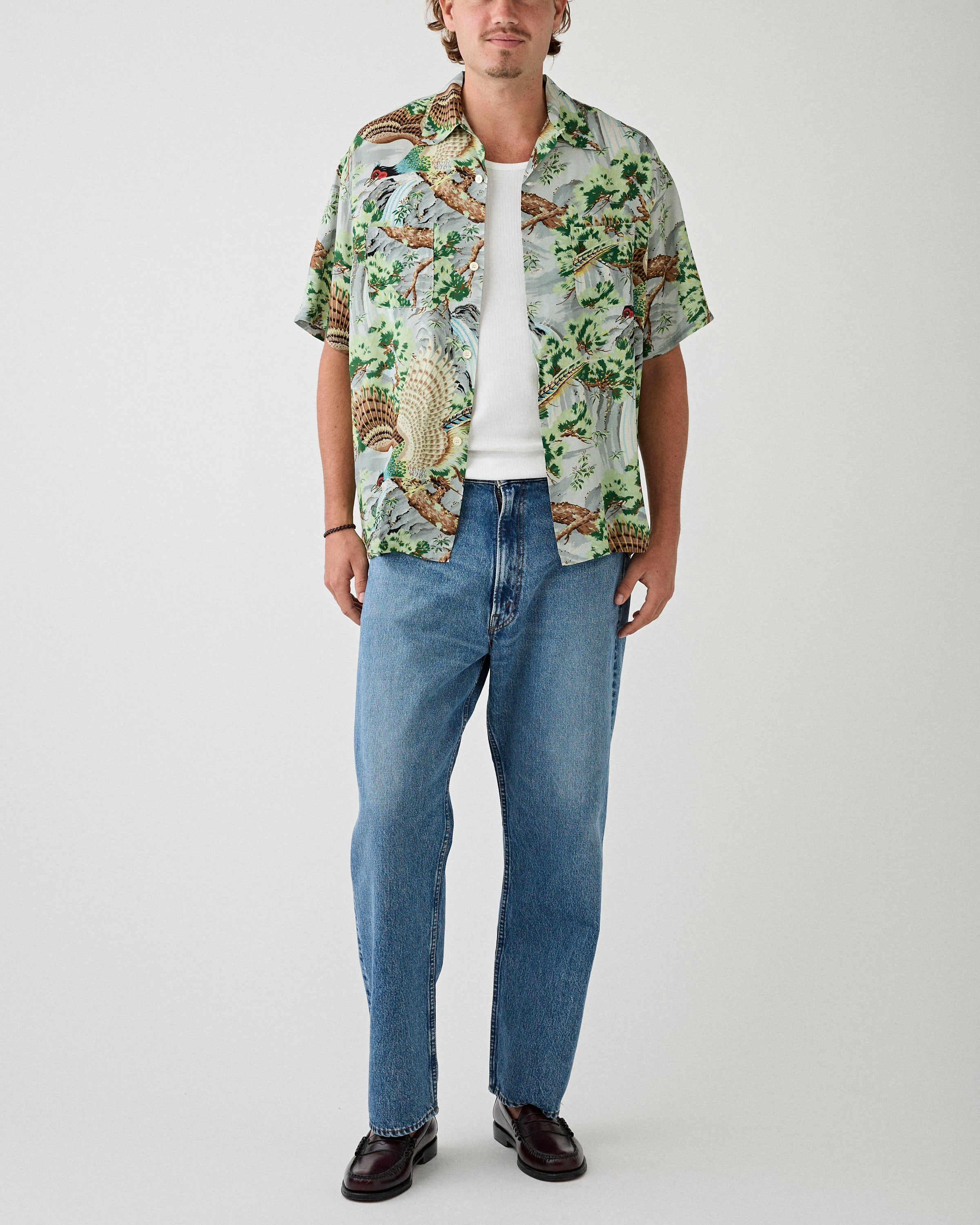 OrSlow Peacock Garden Hawaiian Shirt Green Shirt S/S Men