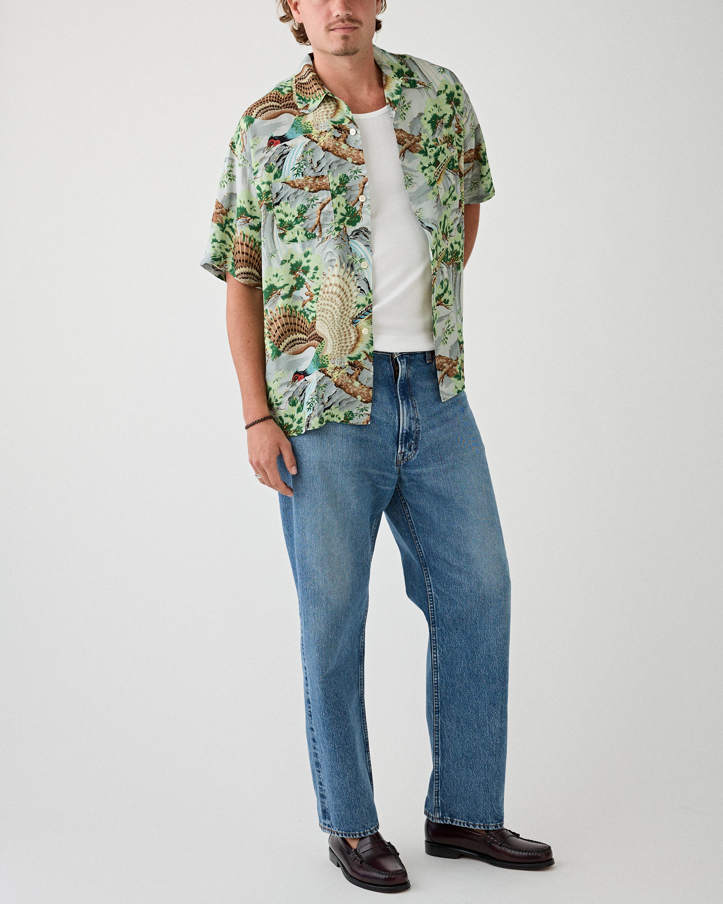 OrSlow Peacock Garden Hawaiian Shirt Green Shirt S/S Men