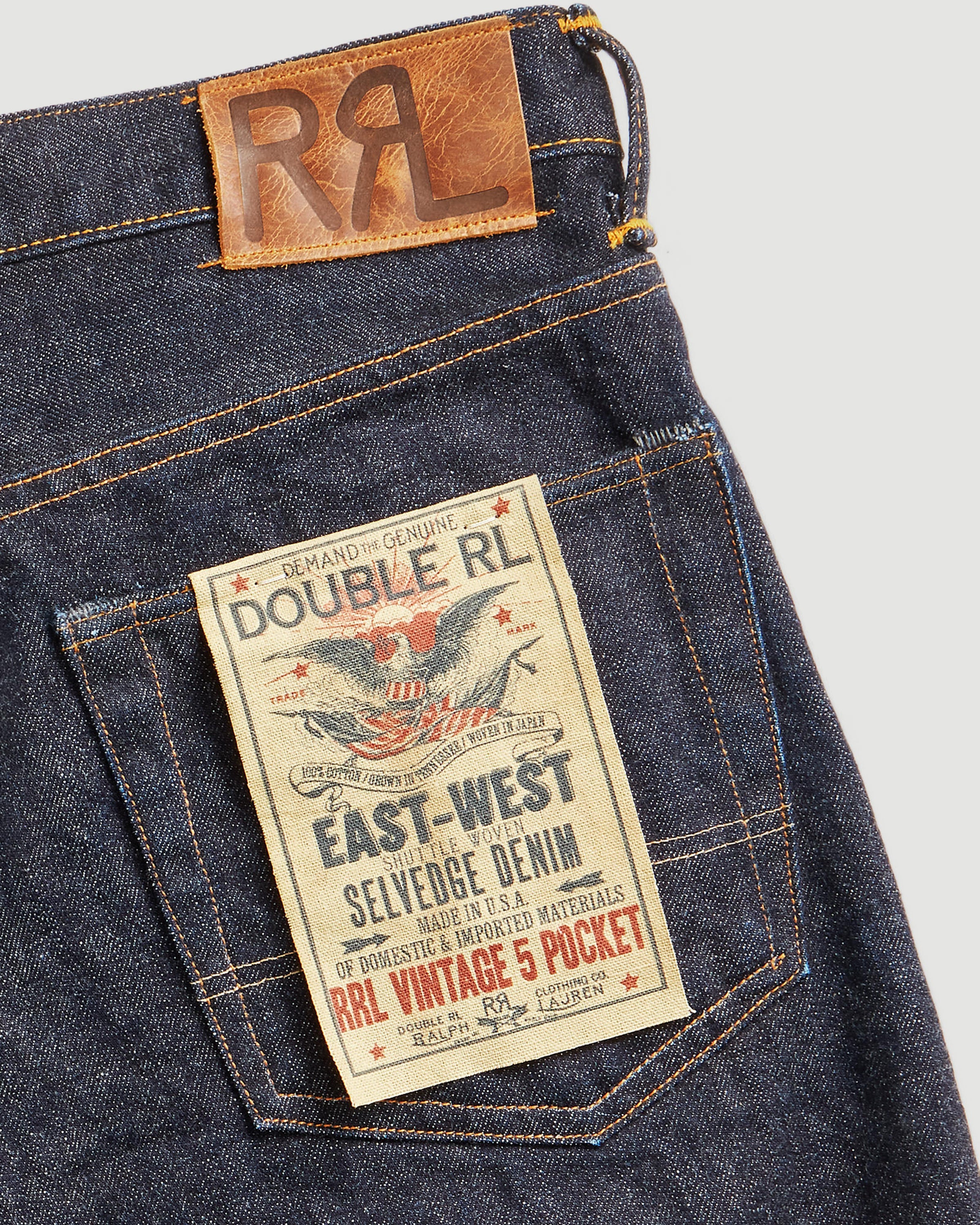 RRL Vintage 5 Pocket Full Length Straight East/West Rinse Denim Men